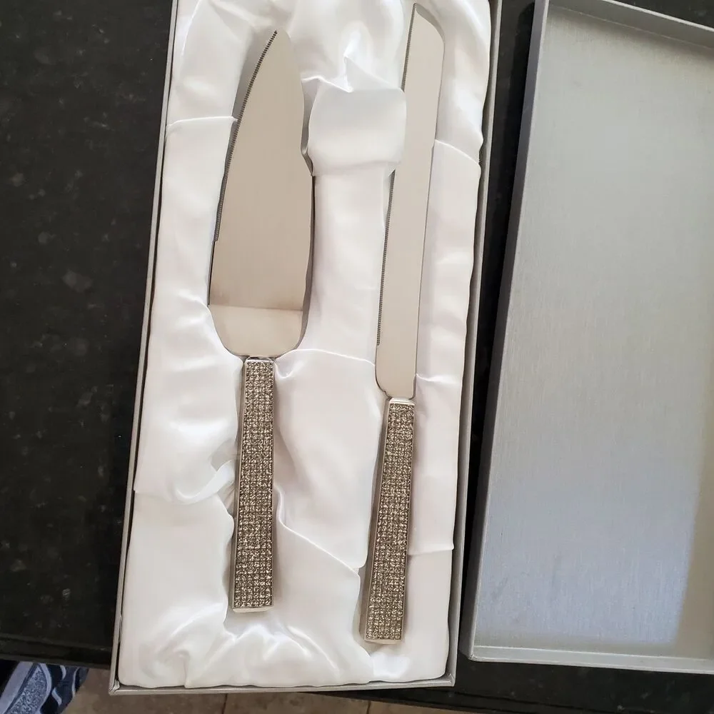 Wedding Cake Knife And Server Set Stainless Steel Glitter With Satin Lined Box